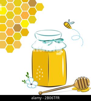 Vaso di miele, nido d'ape e ape. Miele in vaso con cucchiaia di miele. Illustrazione Vettoriale
