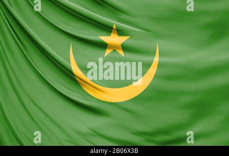 Bandiera realistica di Mauritania sulla superficie ondulata di tessuto Foto Stock