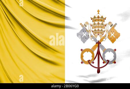 Bandiera realistica della città del vaticano santa sede sulla superficie ondulata di tessuto Foto Stock