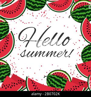 Ciao estate con sfondo anguria. Banner per relax e vacanza. Illustrazione del vettore Illustrazione Vettoriale