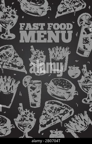 Fast food vettoriale disegnato a mano su lavagna in stile vintage elementi per il menu del ristorante. Hamburger e cheeseburger, pizza e gelato illustrazione Illustrazione Vettoriale