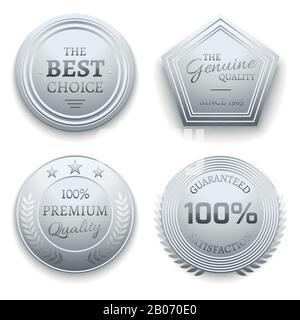 Adesivo vettoriale premium in metallo argento lucido, etichetta, etichetta, badge. Illustrazione del certificato di qualità e di garanzia Illustrazione Vettoriale