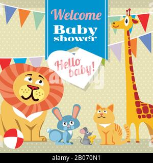 Bambino doccia celebrazione saluto invito carta vettore modello. Coniglio e topo, gatto e giraffa, illustrazione del leone e del coniglio Illustrazione Vettoriale