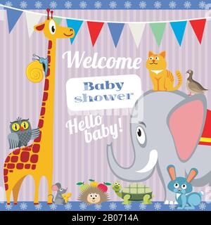 Baby doccia invito carta con animali carino. Banner con template vettoriale con illustrazione di elefanti e giraffe, gatti e tartarughe Illustrazione Vettoriale