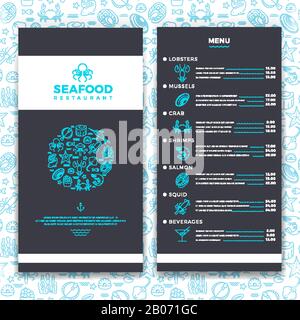 Moderno ristorante di pesce, caffetteria brochure menu vettore modello con linea di mare alimentare icone. Illustrazione di mitili e granchi, salmoni e calamari Illustrazione Vettoriale