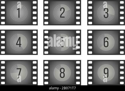 Vecchi film cinema Countdown con set di vettori numerici. Invertire l'illustrazione del conteggio delle sequenze Illustrazione Vettoriale