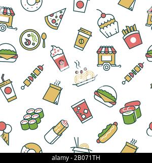 Modello senza cuciture con icone della linea fast food. Hamburger e pizza, sandwich con caffè, illustrazione vettoriale Illustrazione Vettoriale