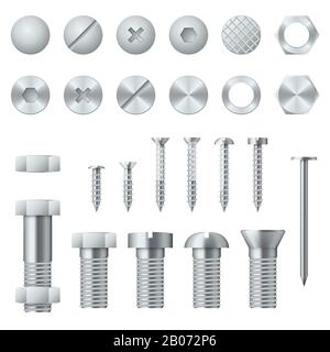 Viti, bulloni, dadi, chiodi e rivetti per il fissaggio e il fissaggio. Elementi di progettazione di illustrazioni vettoriali Illustrazione Vettoriale