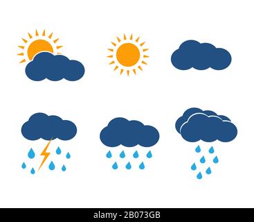Set di icone meteo vettoriali. Sole, nuvole, pioggia e fulmine in colore piatto disegno Illustrazione Vettoriale