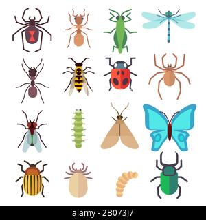 Set di icone a forma piatta per insetti. Farfalla e bug, volare e formica illustrazione Illustrazione Vettoriale