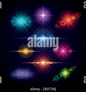 Effetti di luce flare con lenti a colori realistici, set di luci vettoriali per feste. Illustrazione dei lampeggi luminosi multicolore Illustrazione Vettoriale