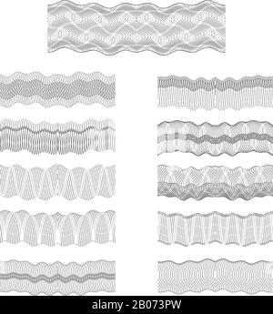 Contorni vettore guilloche impostare trama money pattern incisione. Filigrana per banconote protette, diploma e illustrazione di denaro Illustrazione Vettoriale