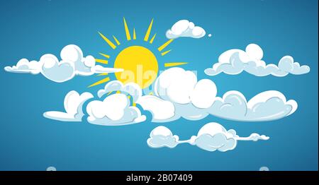 Cielo blu, sole e nuvole bianche. Meteo cloudscape con luce solare, illustrazione vettoriale Illustrazione Vettoriale