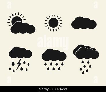 Set di icone meteo vettoriali. Sole, nuvole, pioggia e fulmine silhouette nera illustrazione Illustrazione Vettoriale