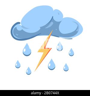 Nuvola vettoriale con pioggia in caduta e fulmine in forte impatto isolato su sfondo bianco. Immagine stormy e temporale Illustrazione Vettoriale