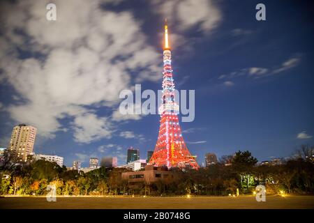 Tokyo, Giappone - 17 dicembre 2017: Paesaggio Urbano di Tokyo con Tokyo Tower di notte, vista dal parco Shiba di Tokyo, Giappone Foto Stock