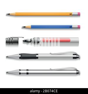 Penne, matite, marcatori, set vettoriale realistico di strumenti di scrittura. Illustrazione delle forniture scolastiche Illustrazione Vettoriale