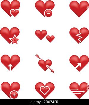 Set di emoticon, emoticon e emoticon vettoriali per l'amore del cuore. Illustrazione di cuore, freccia e stella rotta Illustrazione Vettoriale