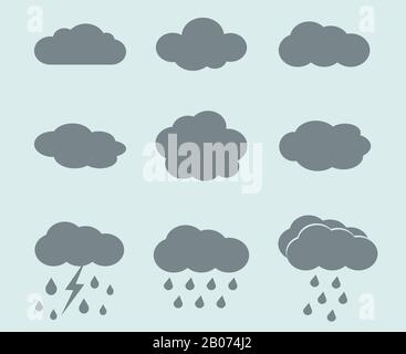 Set di icone meteo vettoriali. Nuvole e segni di pioggia. Raccolta dei segnali per l'illustrazione delle previsioni meteo Illustrazione Vettoriale