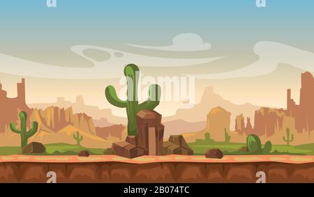 Cartoon america paesaggio deserto prateria con cactus, colline e montagne. Gioco senza soluzione di continuità vettore sfondo. Interfaccia per illustrazione di gioco di computer Illustrazione Vettoriale