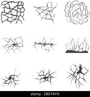 Serie di crepe sulla parete del vettore o sulla terra. Effetto danneggiato dopo l'illustrazione del terremoto Illustrazione Vettoriale