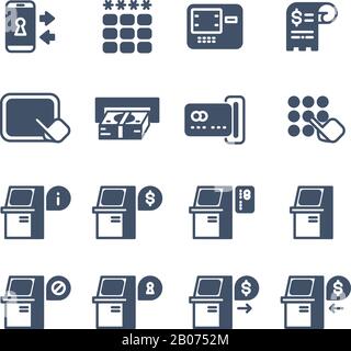 Icone vettoriali per informazioni sui servizi del terminale Kiosk. Display ATM con informazioni Illustrazione Vettoriale