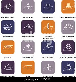 Set di icone vettoriali per la tecnologia e le proprietà dei tessuti di abbigliamento. Illustrazione di materiale antibatterico e traspirante Illustrazione Vettoriale