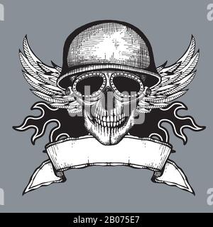 Etichetta vettore moto grunge biker cranio vintage. Cranio in casco con le ali illustrazione Illustrazione Vettoriale