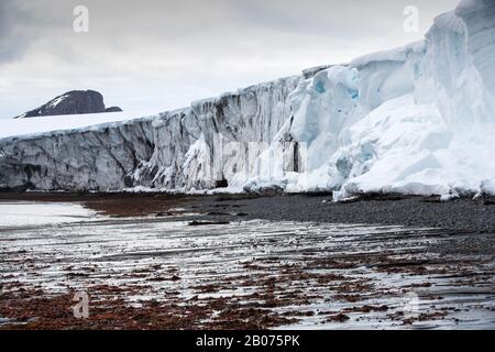Un ghiacciaio in ritirata sull'isola di Livingston, le isole South Shetland, l'Antartide. Foto Stock