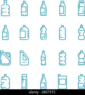 Set di icone vettoriali per linee flaconi in plastica. Contenitore per bevande o latte, jerrycan in stile lineare per l'illustrazione dell'olio Illustrazione Vettoriale