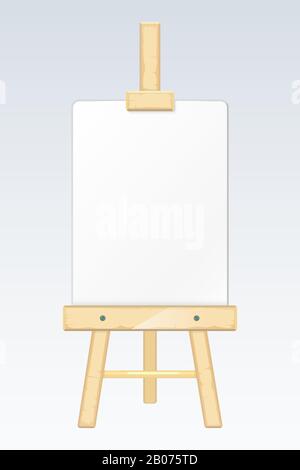 Cavalletto, tavolo per pittura, tavola da disegno con immagine vettoriale in tela bianca vuota. Cornice in legno vuota con carta di foglio Illustrazione Vettoriale