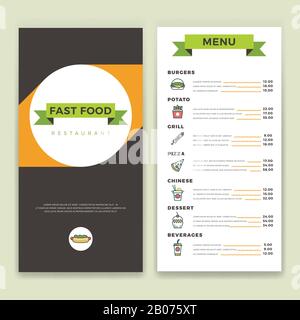 Fast food ristorante e caffè menu vettore modello con icone a linea piatta. Hamburger e torta, spuntino e pranzo illustrazione Illustrazione Vettoriale