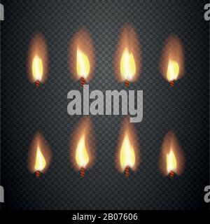Masterizzazione di fotogrammi vettoriali di animazione a lume di candela. Burning stoppino isolato su sfondo a scacchi illustrazione Illustrazione Vettoriale