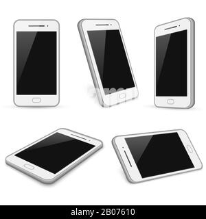 Smartphone realistico bianco, cellulare vettore mockup isolato su sfondo bianco. Dispositivo con display touchscreen Illustrazione Vettoriale