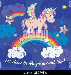 Cute unicorno e arcobaleno vettore fairy sfondo, poster, biglietto di auguri. Buon cavallo sull'immagine arcobaleno Illustrazione Vettoriale