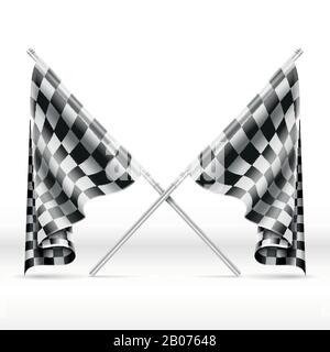 Illustrazione vettoriale delle bandiere di finitura incrociate in bianco e nero. Segnale di finitura nel motorsport Illustrazione Vettoriale