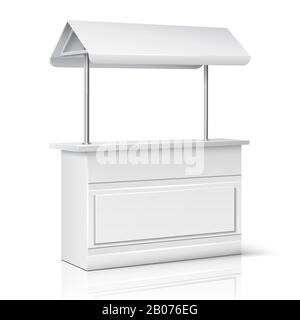 Mercato, negozio vuoto stand per informazioni commerciali e presentazione commerciale vettore illustrazione. Banco promozione, chiosco e stand promozionale Illustrazione Vettoriale