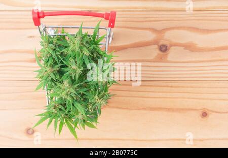 fiori di marijuana fresca nel carrello della spesa sul tavolo Foto Stock