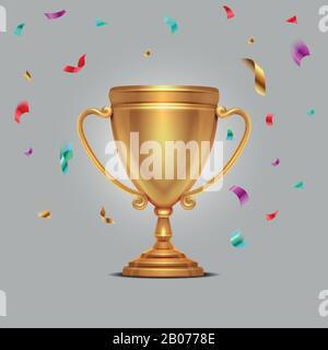 Realistica coppa d'oro da campionato con pezzi confetti cadenti illustrazione vettoriale. Conquista nel trofeo d'oro sportivo Illustrazione Vettoriale