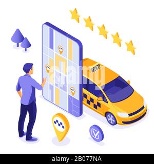 Taxi Online concetto isometrica Illustrazione Vettoriale