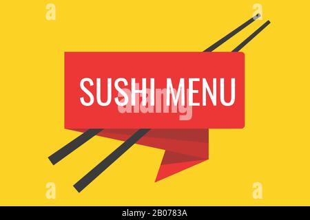 Modello di illustrazione vettoriale del menu sushi giapponese. Bastoncini e nastro piatto Illustrazione Vettoriale