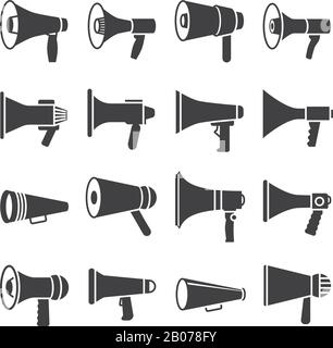 Megafono e annuncio, altoparlante, icone vettoriali. Apparecchio altoparlante per illustrazione di comunicazione Illustrazione Vettoriale