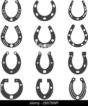 Icone vettoriali Horseshoe, set di simboli fortunati. Illustrazione della silhouette della scarpa da cavallo Illustrazione Vettoriale