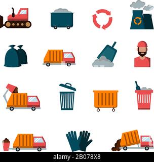 Riciclaggio e rifiuti di icone vettoriali piatte. Illustrazione del servizio di garbage collection Illustrazione Vettoriale