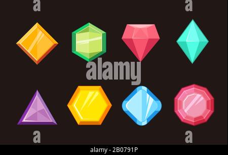 Cartoon gemme gioielli diamante brillante vettore set. Pietre preziose e cristallo, elementi in vetro prezioso illustrazione Illustrazione Vettoriale
