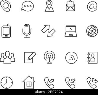 Icone vettoriali per linee di comunicazione per biglietti da visita. E-mail e chat, contatti e illustrazioni dell'orologio Illustrazione Vettoriale
