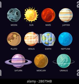 Pianeti di sistema solare vettore cartone animato impostato su sfondo spazio cielo scuro. Illustrazione di Marte e plutone, nettuno e venere, urano e saturno Illustrazione Vettoriale