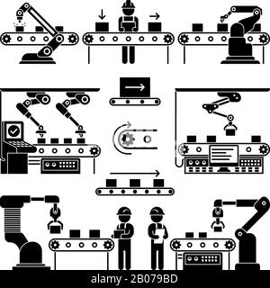 Linee di produzione dei trasportatori e icone vettoriali dei lavoratori. Automazione del processo della silhouette nera sull'illustrazione di fabbrica Illustrazione Vettoriale