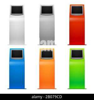 Information Kiosk, macchina di addebito, illustrazione vettoriale dei terminali. bancomat bancario e terminale per il pagamento Illustrazione Vettoriale