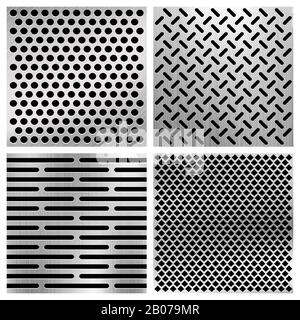 Strutture vettoriali perforate in metallo industriale, set di griglie metalliche. Pannello di superficie con illustrazione dei fori Illustrazione Vettoriale